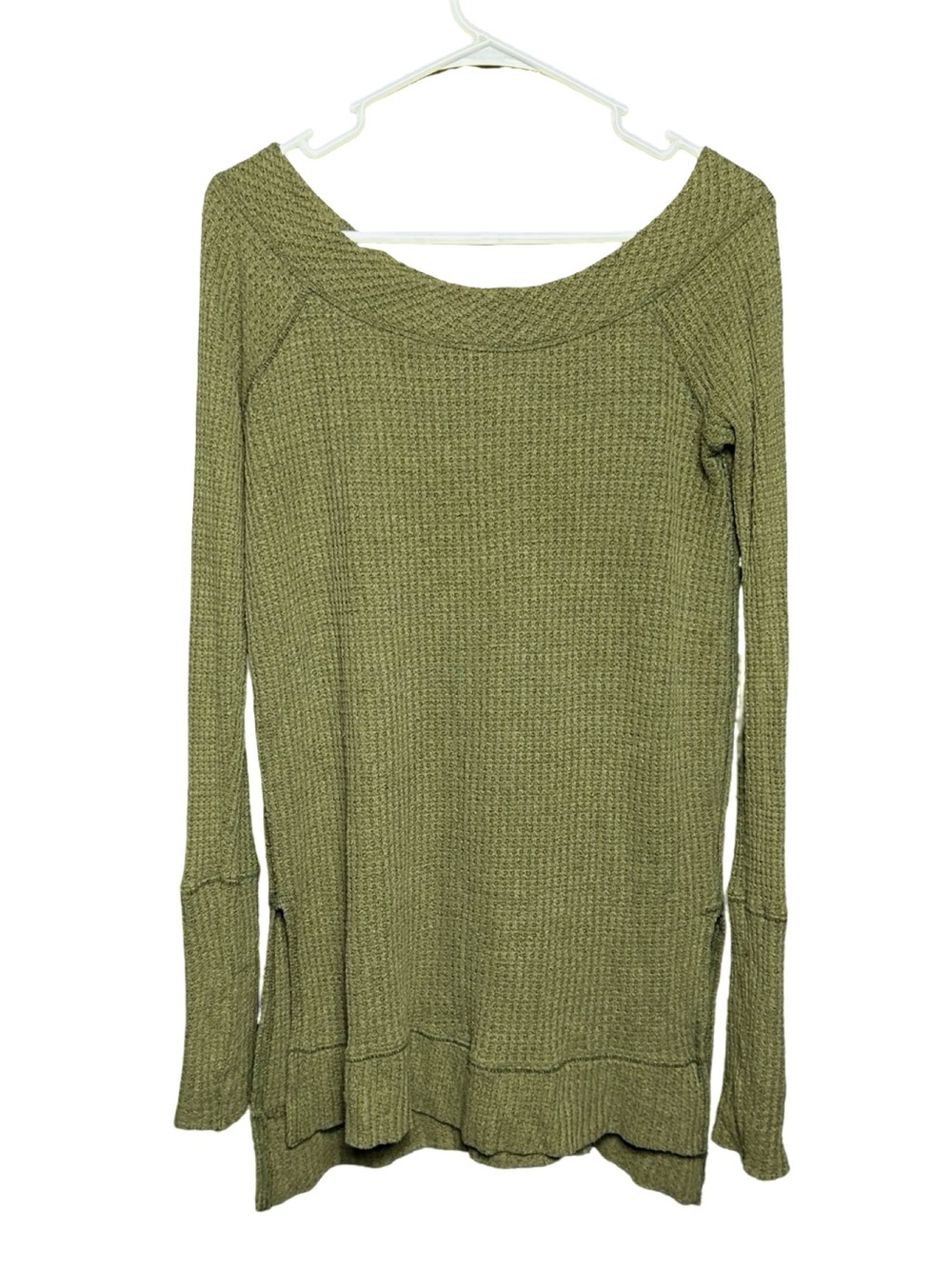 We The Free by Free People Olive Green Waffle Knit Thermal Tunic Top Sz Small